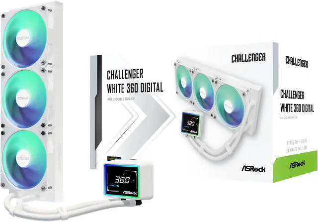 Alt view image 7 of 13 - ASRock AIO Challenger White 360 Digital 27mm radiator, 3" Digital Display w/ ARGB, ARGB Hub-lighting fan, white version