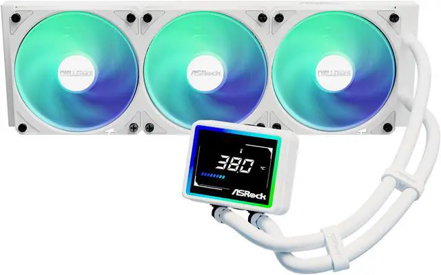 Alt view image 2 of 13 - ASRock AIO Challenger White 360 Digital 27mm radiator, 3" Digital Display w/ ARGB, ARGB Hub-lighting fan, white version