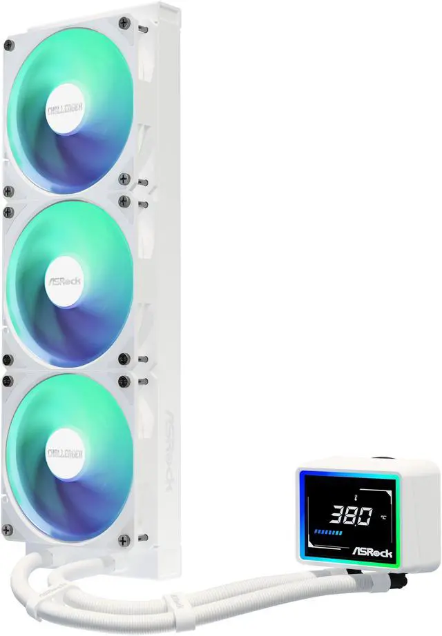 Alt view image 3 of 13 - ASRock AIO Challenger White 360 Digital 27mm radiator, 3" Digital Display w/ ARGB, ARGB Hub-lighting fan, white version