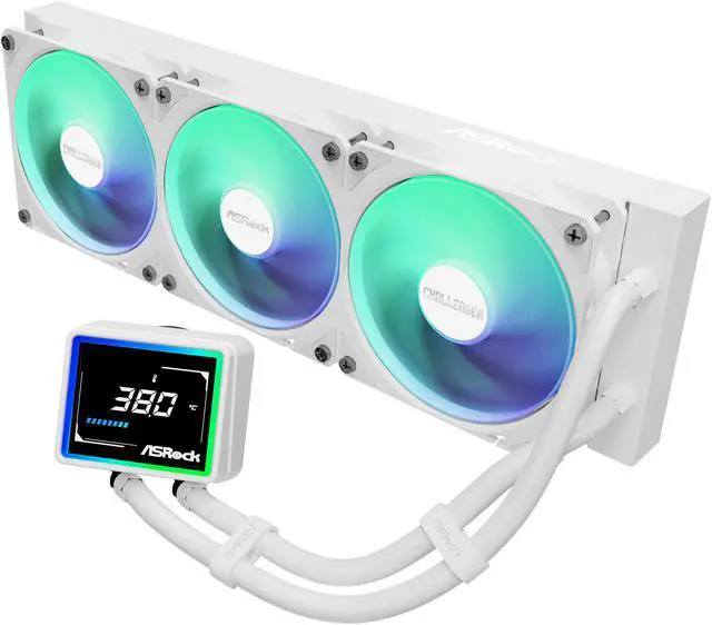 Main image of ASRock AIO Challenger White 360 Digital 27mm radiator, 3" Digital Display w/ ARGB, ARGB Hub-lighting fan, white version