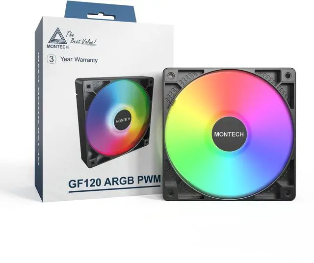 Main image of MONTECH RX 120MM - PWM Reverse Fan - Silent Performance - High Speed 1600PWM - High-End Durability with HDB Bearing - Stunning Outer Ring ARGB Lighting Design  3 in 1 Pack with 6X6 Fan Hub - Black