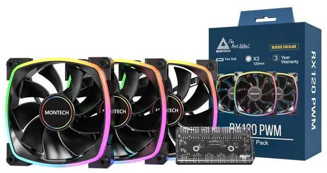 Main image of MONTECH RX 120MM - PWM Reverse Fan - Silent Performance - High Speed 1600PWM - High-End Durability with HDB Bearing - Stunning Outer Ring ARGB Lighting Design  3 in 1 Pack with 6X6 Fan Hub - Black