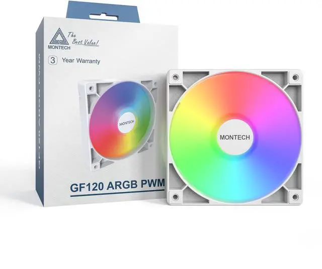 Main image of MONTECH RX 120MM - PWM Reverse Fan - Silent Performance - High Speed 1600PWM - High-End Durability with HDB Bearing - Stunning Outer Ring ARGB Lighting Design  3 in 1 Pack with 6X6 Fan Hub - White