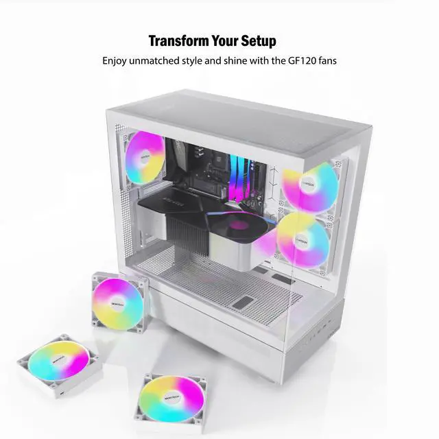 Alt view image 4 of 5 - MONTECH RX 120MM - PWM Reverse Fan - Silent Performance - High Speed 1600PWM - High-End Durability with HDB Bearing - Stunning Outer Ring ARGB Lighting Design  3 in 1 Pack with 6X6 Fan Hub - White