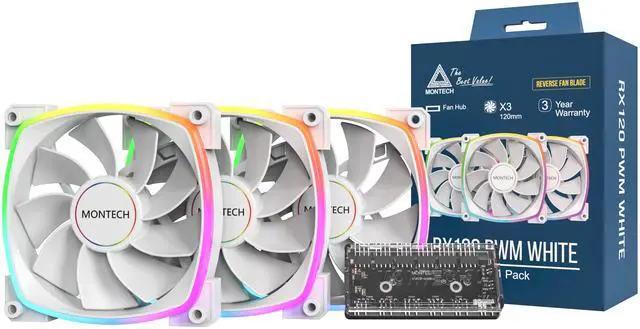 Main image of MONTECH RX 120MM - PWM Reverse Fan - Silent Performance - High Speed 1600PWM - High-End Durability with HDB Bearing - Stunning Outer Ring ARGB Lighting Design 3 in 1 Pack with 6X6 Fan Hub - White