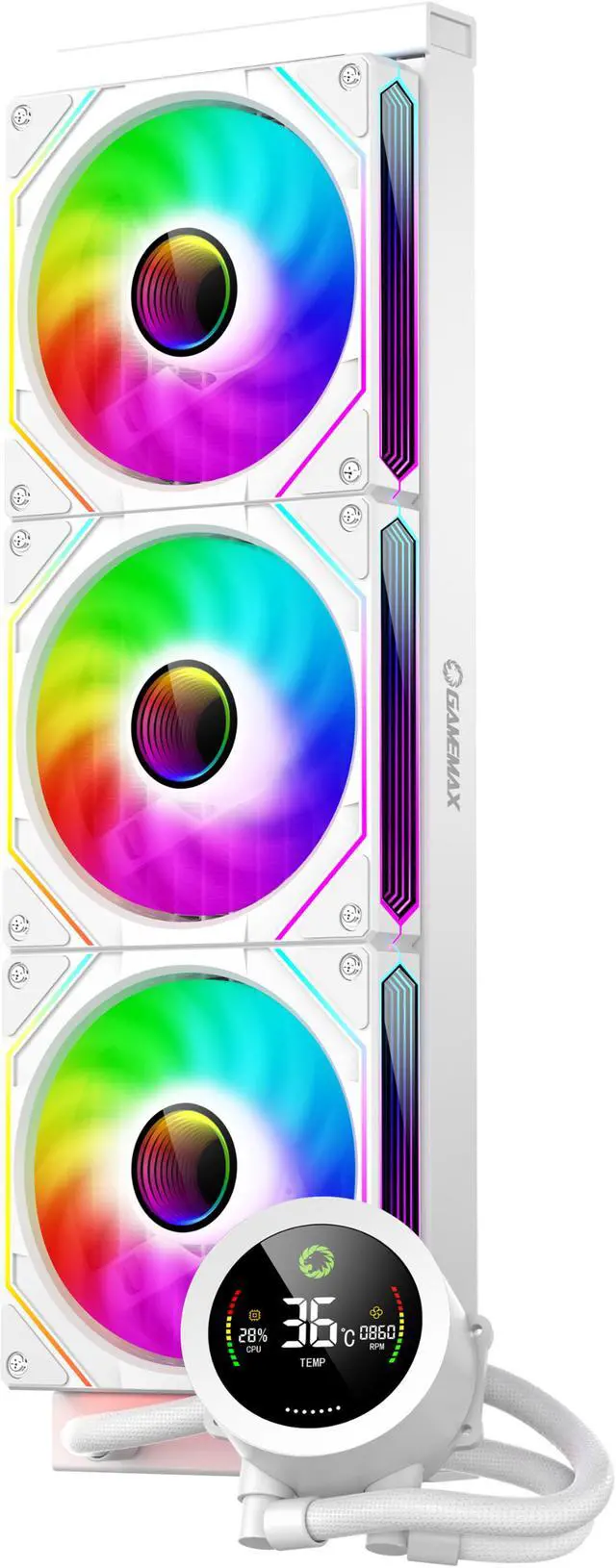 Main image of GAMEMAX 360 Digital WH, Liquid CPU Cooler 360mm Addressable ARGB Pump Fans 290W TDP AIO Water Cooler