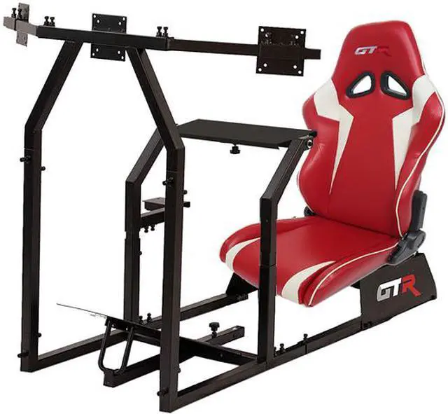 Main image of GTR Simulator - GTA-F Model (Black) Triple or Single Monitor Stand with Red/White Adjustable Leatherette Seat, Racing Simulator Cockpit gaming chair Triple Monitor Stand