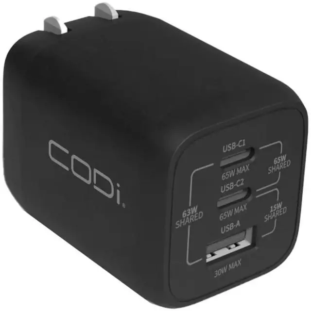 Main image of CODi 65W GaN Triple Port Wall Charger with Dual USB-C & USB-A, Power Delivery & Quick Charge 3.0