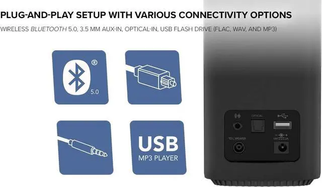 Alt view image 4 of 6 - Creative T100-2.0 Compact Hi-Fi Desktop Speakers, up to 80W Peak Power with Bluetooth 5.0, Optical-in, AUX-in, Wide Soundstage and Audio Clarity with Bass Control for Computers and Laptops (Black)