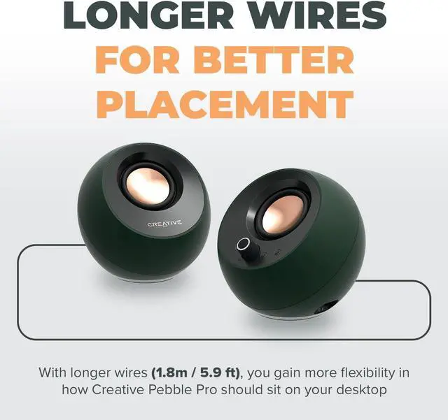 Alt view image 4 of 7 - Creative Pebble Pro Minimalist 2.0 USB-C Computer Speakers with Bluetooth 5.3 and Customizable RGB Lighting, Clear Dialog and BassFlex Tech, USB Audio, Headset Port, for PC and Mac (Green)
