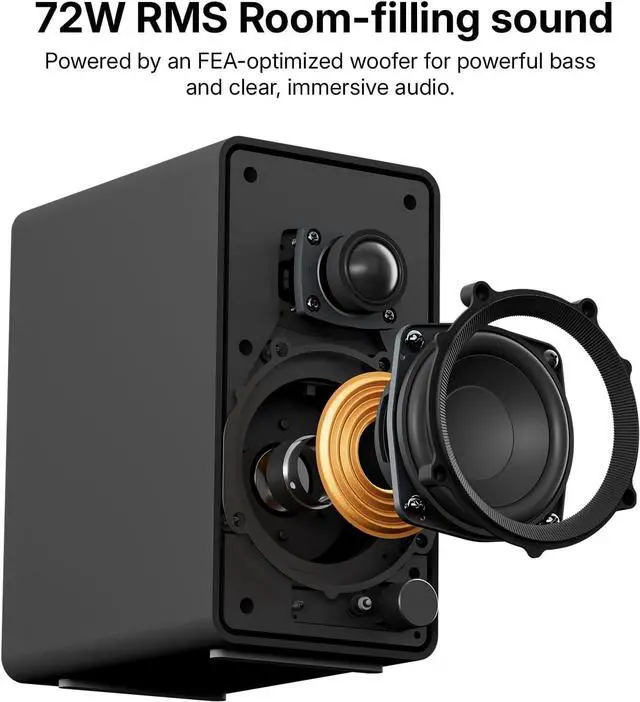 Alt view image 3 of 10 - Creative XF1 PC Speakers, Bluetooth 6.0, 72W RMS, Hi-Res Audio, LDAC, AAC | Computer speakers, Compact, Sub-Out, Parametric EQ, Desktop Mode, Bookshelf, Turntable, Speaker Isolation Stand, Black
