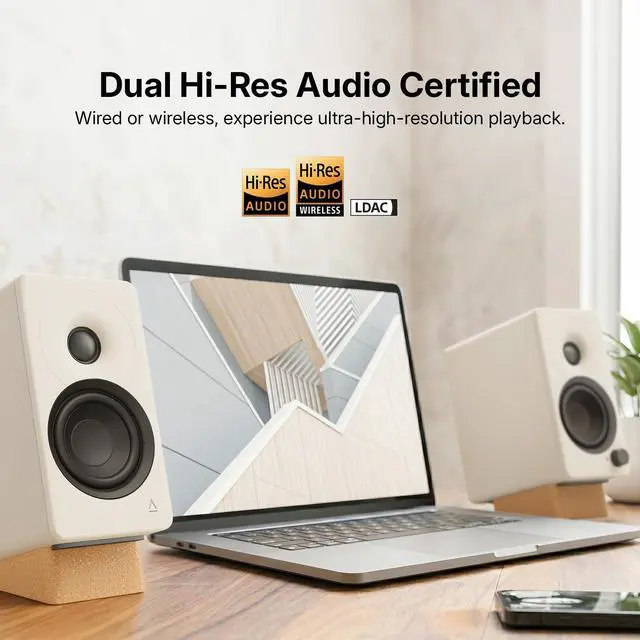 Alt view image 4 of 10 - Creative XF1 PC Speakers, Bluetooth 6.0, 72W RMS, Hi-Res Audio, LDAC, AAC | Computer speakers, Compact, Sub-Out, Parametric EQ, Desktop Mode, Bookshelf, Turntable, Speaker Isolation Stand, Black