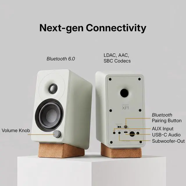 Alt view image 5 of 10 - Creative XF1 PC Speakers, Bluetooth 6.0, 72W RMS, Hi-Res Audio, LDAC, AAC | Computer speakers, Compact, Sub-Out, Parametric EQ, Desktop Mode, Bookshelf, Turntable, Speaker Isolation Stand, Black