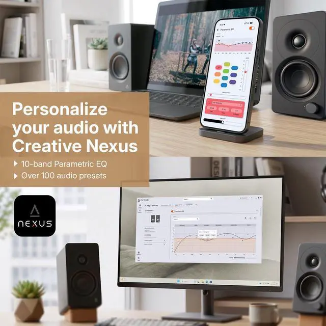 Alt view image 6 of 9 - Creative XF1 PC Speakers, Bluetooth 6.0, 72W RMS, Hi-Res Audio, LDAC, AAC | Computer speakers, Compact, Sub-Out, Parametric EQ, Desktop Mode, Bookshelf, Turntable, Speaker Isolation Stand, White