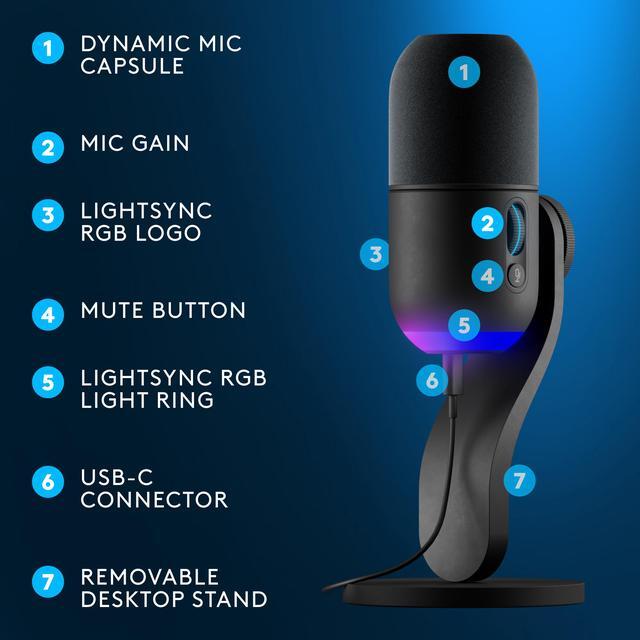 Alt view image 6 of 6 - Logitech G Yeti GX Dynamic RGB Gaming Microphone with LIGHTSYNC, USB Mic for Streaming, Supercardioid, USB Plug and Play for PC/Mac - Black
