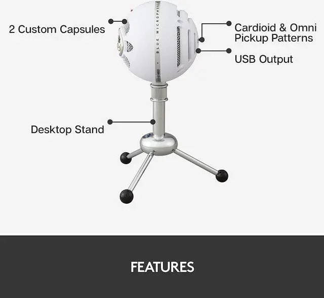 Alt view image 6 of 11 - Blue Snowball USB Microphone for PC, Mac, Gaming, Recording, Streaming, Podcasting, Condenser Mic with Cardioid and Omnidirectional Pickup Patterns, Stylish Retro Design – White
