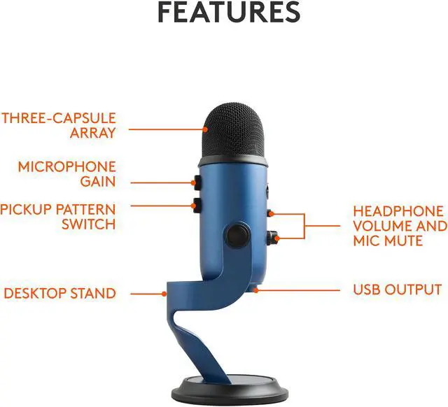 Alt view image 7 of 10 - Blue Yeti USB Microphone for PC, Mac, Gaming, Recording, Streaming, Podcasting, Studio and Computer Condenser Mic with Blue VO!CE effects, 4 Pickup Patterns, Plug and Play – Midnight Blue
