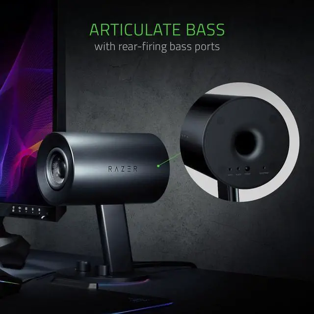 Alt view image 4 of 14 - Razer Nommo Chroma: Custom Woven 3" Glass Fiber Drivers - Rear-Facing Bass Ports - Bass Knob w/Automatic Gain Control Chroma Enabled - Full Range 2.0 PC Gaming Speakers, Black