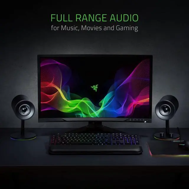 Alt view image 2 of 14 - Razer Nommo Chroma: Custom Woven 3" Glass Fiber Drivers - Rear-Facing Bass Ports - Bass Knob w/Automatic Gain Control Chroma Enabled - Full Range 2.0 PC Gaming Speakers, Black