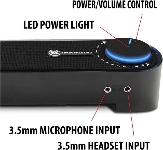 Alt view image 4 of 8 - Desktop Computer Sound Bar Speaker w/ Easy Access Headphone & Mic Jacks by GOgroove - SonaVERSE UBR (Blackout) - USB Powered, LED accents, Compact 16.5" Length, Angled Design - Ideal for Small Desks