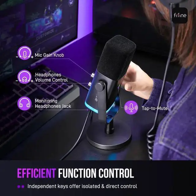 Alt view image 7 of 9 - FIFINE AM8S Gaming Microphone with Adjustable Stand, Height Adjustable Heavy-Duty Metal Stand, RGB Dynamic Mic with Quick Mute, Gain Volume Control, Headphone Jack