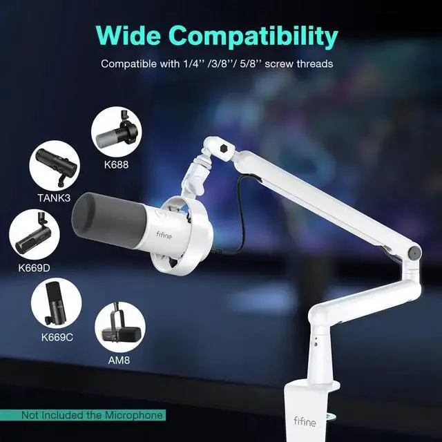 Alt view image 7 of 9 - FIFINE Low Profile Podcast Microphone Stand, BM88 LITE Gaming Mic Boom Arm with Desk Mount, Cable Channels Management, Adjustable Metal Boom Arm White for Recording/Streaming/Gaming/Home Office