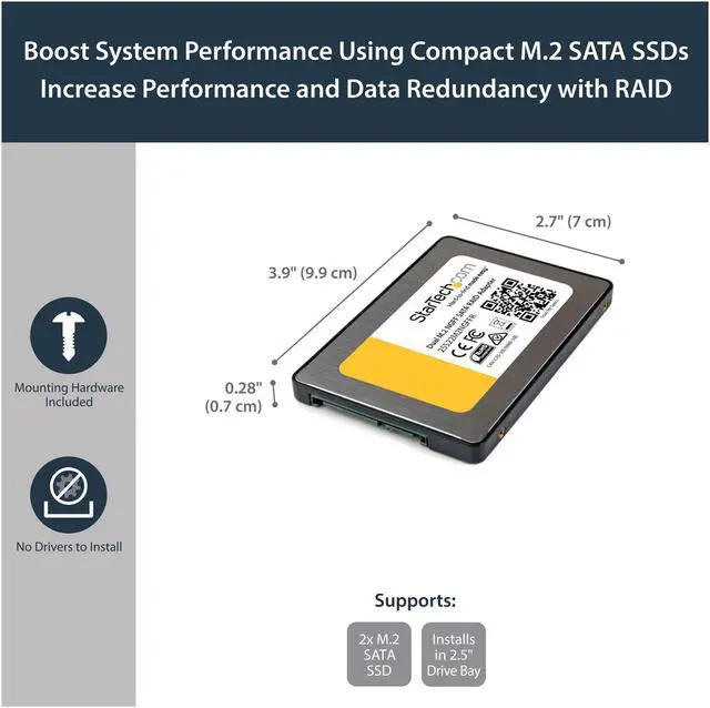 Alt view image 4 of 4 - StarTech.com 25S22M2NGFFR Dual M.2 SATA Adapter with RAID - 2x M.2 SSDs to 2.5in SATA (6Gbps) RAID Adapter Converter with TRIM Support