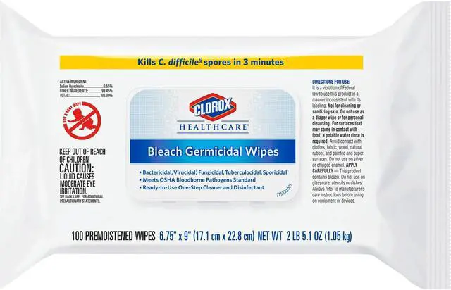 Main image of Clorox Bleach Germicidal Wipes, 6.75 x 9, Unscented, 100 Wipes/Flat Pack, 6 Packs/Carton CLO32621