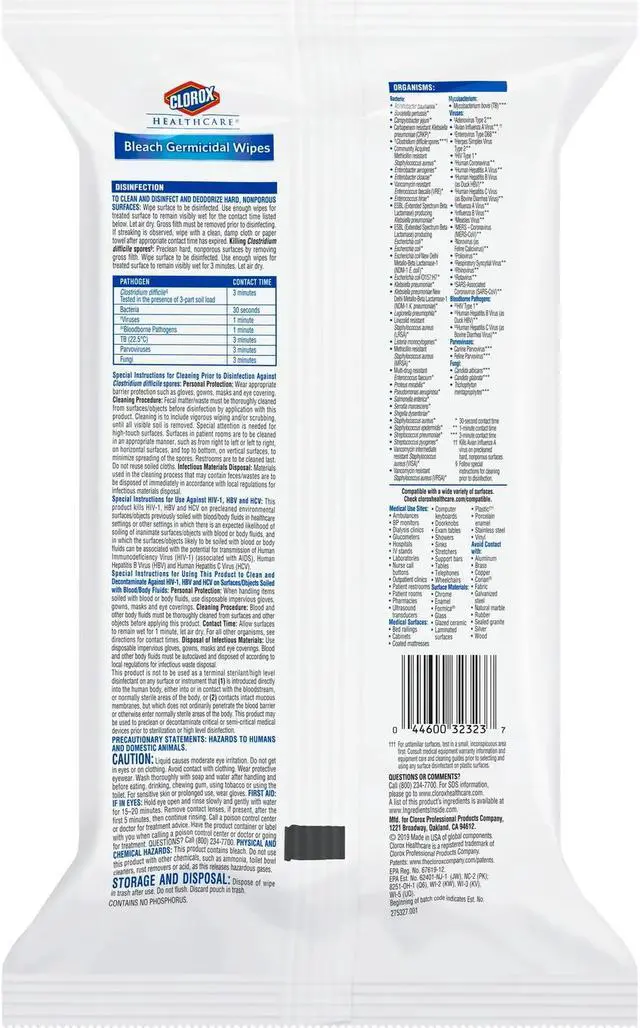 Alt view image 2 of 3 - Clorox Bleach Germicidal Wipes, 6.75 x 9, Unscented, 100 Wipes/Flat Pack, 6 Packs/Carton CLO32621