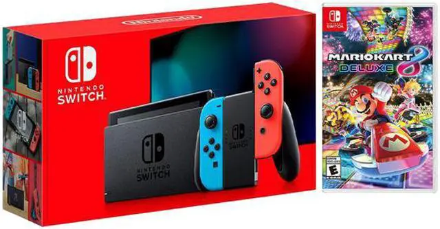 Alt view image 6 of 7 - 2019 New Nintendo Switch Red/Blue Joy-Con Improved Battery Life Console Bundle with Mario Kart 8 Deluxe NS Game Disc - 2019 Best Game!
