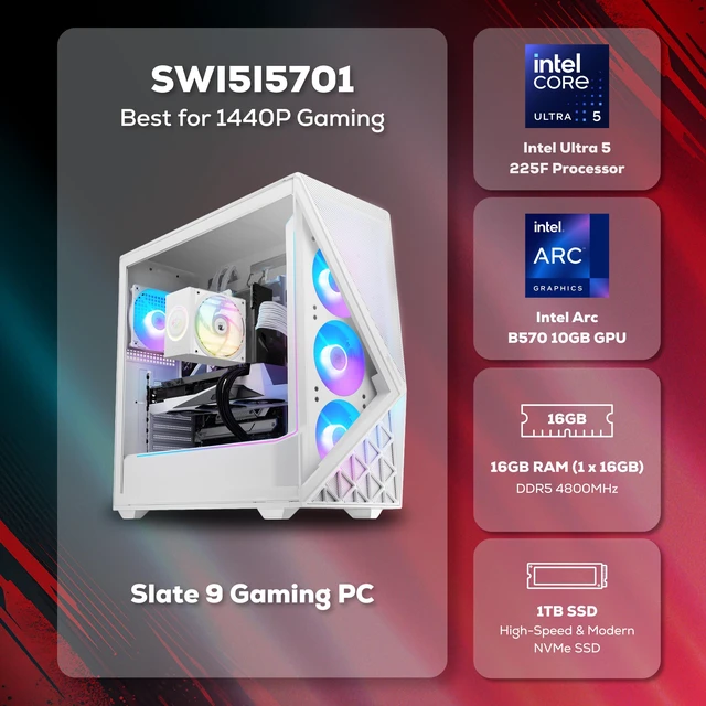 Alt view image 4 of 8 - iBUYPOWER Slate Gaming PC Desktop Computer Intel Core Ultra 5 225F CPU, INTEL Arc B570 10GB GPU, 16GB DDR5 RAM, 1TB NVMe SSD, Windows 11 Home, Keyboard, Mouse - White