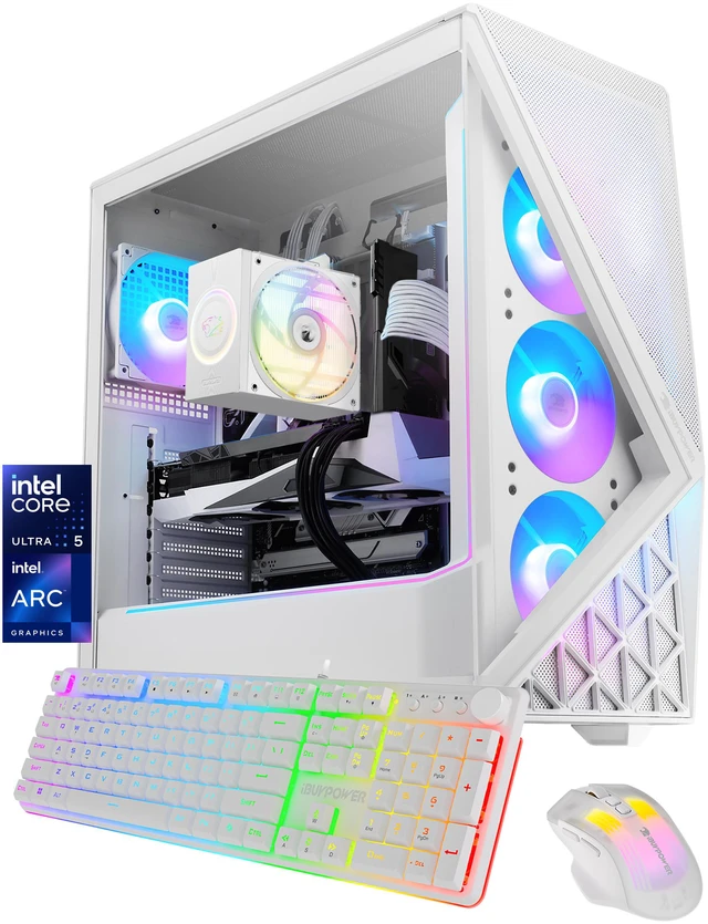 Main image of iBUYPOWER Slate Gaming PC Desktop Computer Intel Core Ultra 5 225F CPU, INTEL Arc B570 10GB GPU, 16GB DDR5 RAM, 1TB NVMe SSD, Windows 11 Home, Keyboard, Mouse - White