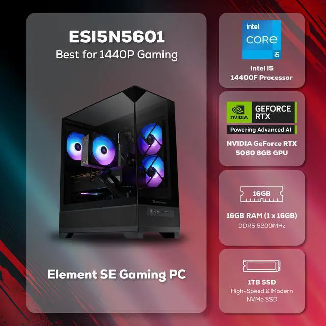 Alt view image 4 of 7 - iBUYPOWER Element SE Gaming PC Desktop Computer Intel Core i5 14400F CPU, NVIDIA GeForce RTX 5060 8GB GPU, 16GB DDR5 RGB RAM, 1TB NVMe SSD, Windows 11 Home, Keyboard, Mouse - Black