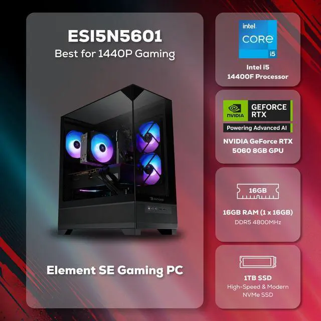 Alt view image 4 of 7 - iBUYPOWER Element SE Gaming PC Desktop Computer Intel Core i5 14400F CPU, NVIDIA GeForce RTX 5060 8GB GPU, 16GB DDR5 RGB RAM, 1TB NVMe SSD, Windows 11 Home, Keyboard, Mouse - Black