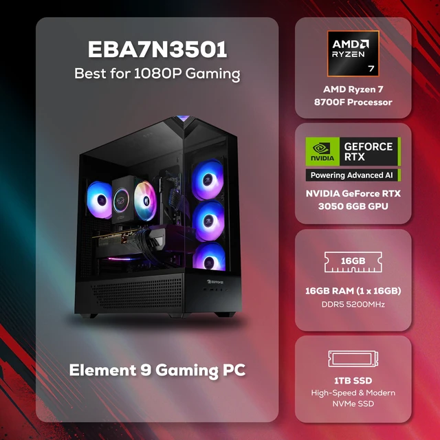 Alt view image 2 of 7 - iBUYPOWER Element Gaming PC Desktop Computer AMD Ryzen 7 8700F CPU, NVIDIA GeForce RTX 3050 6GB GPU, 16GB DDR5 RAM, 1TB NVMe SSD, Windows 11 Home, Keyboard, Mouse Black
