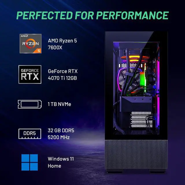 Alt view image 3 of 8 - Skytech Azure 2 Gaming PC Desktop  AMD Ryzen 5 7600X 4.7 GHz, NVIDIA RTX 4070 Ti, 1TB NVME SSD, 32GB DDR5 RAM RGB, 850W GOLD PSU, 240mm AIO, 11AC Wi-Fi, Windows 11 Home 64-bit