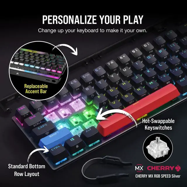 Alt view image 3 of 20 - Corsair K70 PRO Mini Wireless RGB 60% Mechanical Gaming Keyboard (Fastest Sub-1ms Wireless, Swappable Cherry MX Speed Keyswitches, Durable Aluminum Frame and PBT Double-Shot Keycap) Black