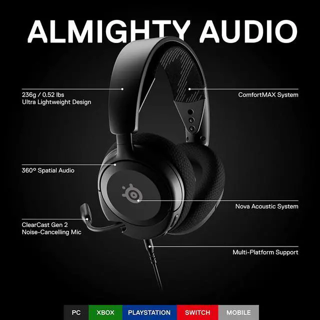 Alt view image 2 of 10 - NEW SteelSeries Arctis Nova 1 Multi-System Gaming Headset — Hi-Fi Drivers — 360° Spatial Audio — Comfort Design — Durable — Ultra Lightweight — Noise-Cancelling Mic — PC, PS5/PS4, Switch, Xbox - Black