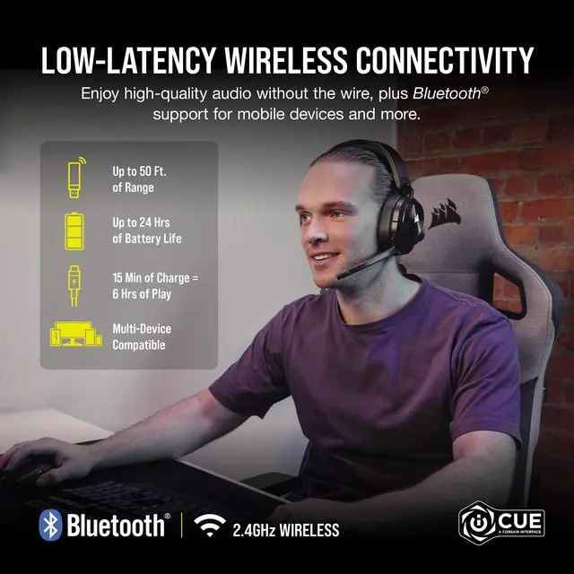 Alt view image 3 of 12 - CORSAIR HS55 WIRELESS Multiplatform Lightweight Gaming Headset With Bluetooth - Dolby 7.1 Surround Sound - iCUE Compatible - PC, PS5, PS4, Nintendo Switch, Mobile - Black