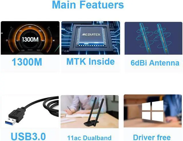 Alt view image 2 of 6 - 1300Mbps USB 3.0 WIFI Adapter Dual Band 5Ghz/2.4Ghz USB AC Network Card Wifi Long Range Receiver Antena for Laptop Desktop