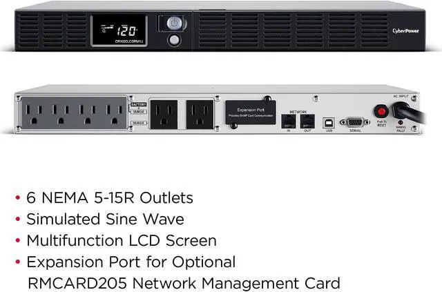 Alt view image 7 of 7 - CyberPower OR1000LCDRM1U Smart App LCD UPS Systems - 1000VA/600W, 120 VAC, NEMA 5-15P, 1U, Rackmount, 6 Outlets, LCD, PowerPanel