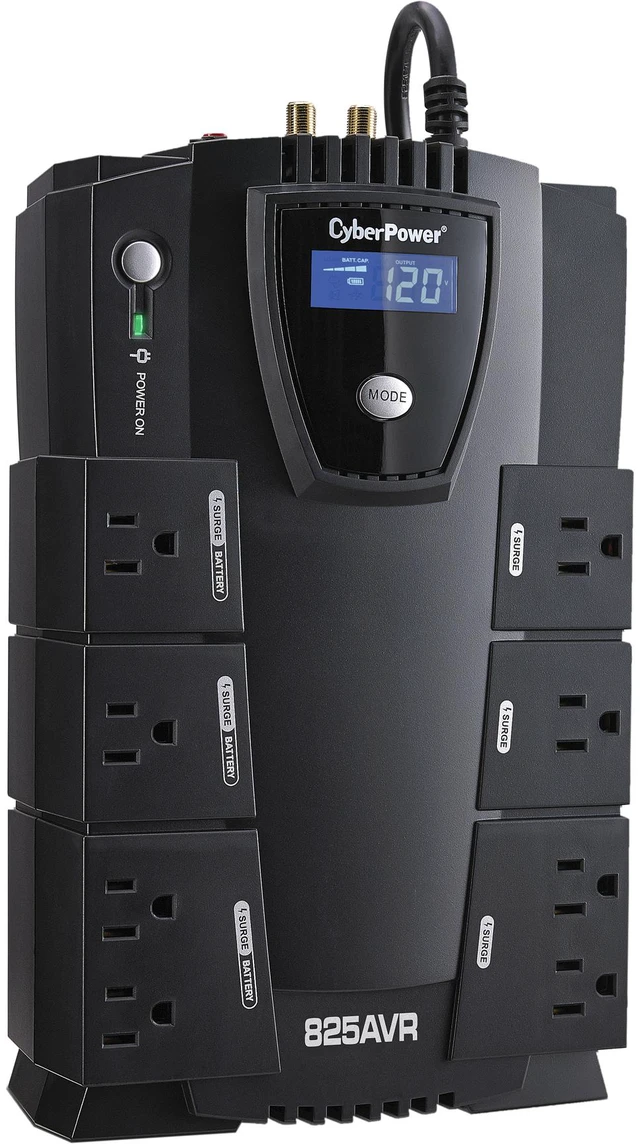 CyberPower CP825AVRLCD battery backup UPS, black tower unit with LCD display and multiple outlets