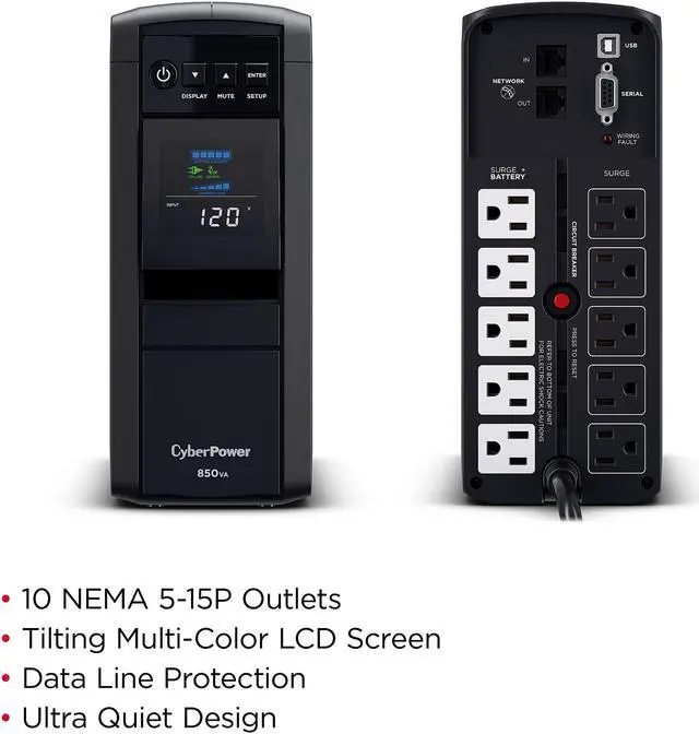 Alt view image 6 of 7 - CyberPower CP850PFCLCD PFC Sinewave UPS Systems - 850VA/510W, 120 VAC, NEMA 5-15P, Mini-Tower, Sine Wave, 10 Outlets, LCD, PowerPanel
