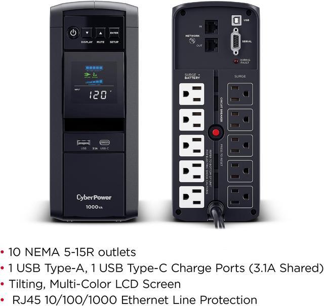 Alt view image 6 of 7 - CyberPower CP1000PFCLCD PFC Sinewave UPS Systems - 1000VA/600W, 120 VAC, NEMA 5-15P, Mini-Tower, Sine Wave, 10 Outlets, LCD, PowerPanel®