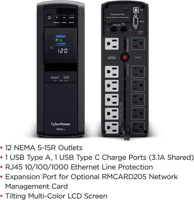 Alt view image 7 of 9 - CyberPower CP1500PFCLCD PFC Sinewave UPS Systems - 1500VA/1000W, 120 VAC, NEMA 5-15P, Mini-Tower, Sine Wave, 12 Outlets, LCD, PowerPanel
