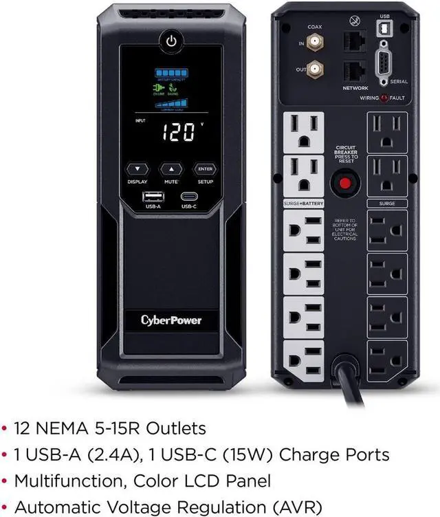 Alt view image 4 of 5 - CyberPower CP1350AVRLCD3 Intelligent LCD UPS Systems - 1350VA/815W, 120 VAC, NEMA 5-15P, Mini-Tower, 12 Outlets