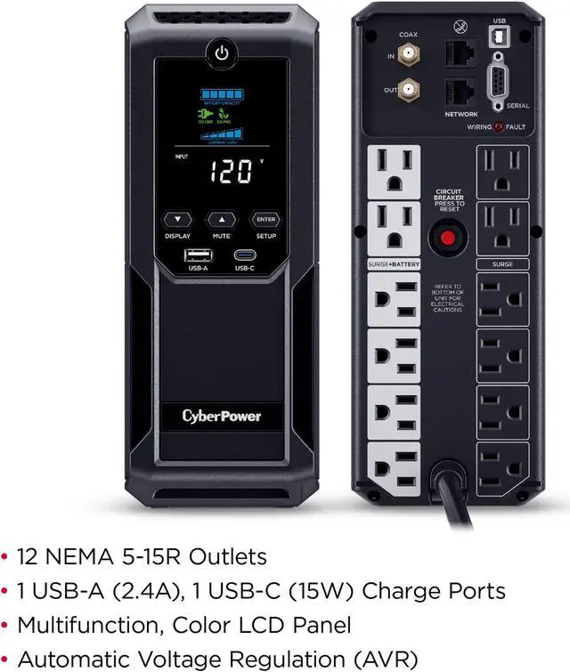 Alt view image 5 of 7 - CyberPower CP1500AVRLCD3 Intelligent LCD UPS Systems - 1500VA/900W, 120 VAC, NEMA 5-15P, Mini-Tower, 12 Outlets, LCD