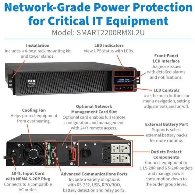 Alt view image 11 of 11 - Tripp Lite SMART2200RMXL2U Series SmartPro 1950VA 1950W 120V Line-Interactive Sine Wave UPS - 7 Outlets, Extended Run, Network Card Option, LCD, USB, DB9, ENERGY STAR V2.0, 2U Rack/Tower - 2U
