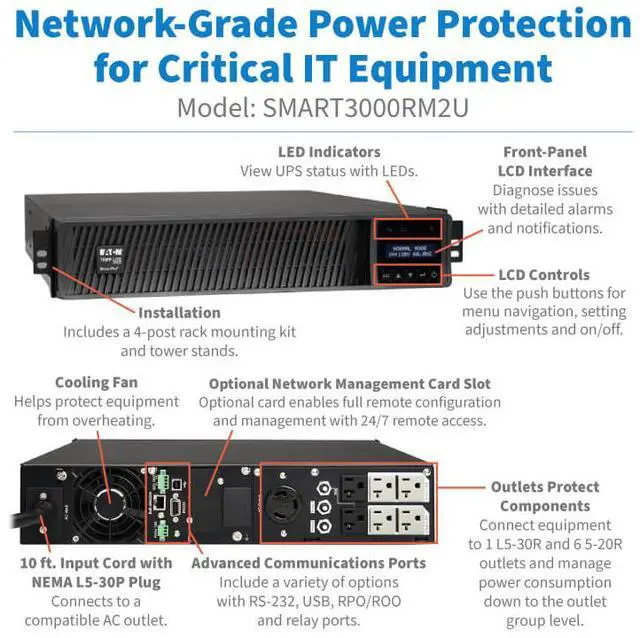 Alt view image 11 of 11 - Tripp Lite series SmartPro 3000VA 3000W 120V Line-Interactive Sine Wave UPS - 7 Outlets, Network Card Option, LCD, USB, DB9, 2U Rack/Tower (SMART3000RM2U)