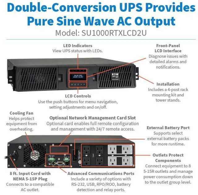 Alt view image 10 of 10 - Tripp Lite SU1000RTXLCD2U Series SmartOnline 1000VA 900W 120V Double-Conversion Sine Wave UPS - 8 Outlets, Extended Run, Network Card Option, LCD, USB, DB9, 2U Rack/Tower - 2U Rack/Tower